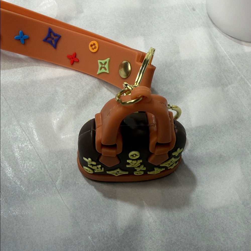 Designer Logo Dome Handbag Keychain - Brown & Orange - Picture 3 of 3